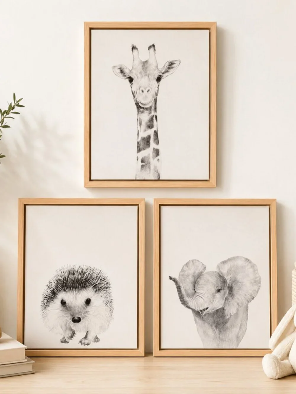 Baby Animal Framed Canvas Wall Art Set Elephant Giraffe Hedgehog 11x14